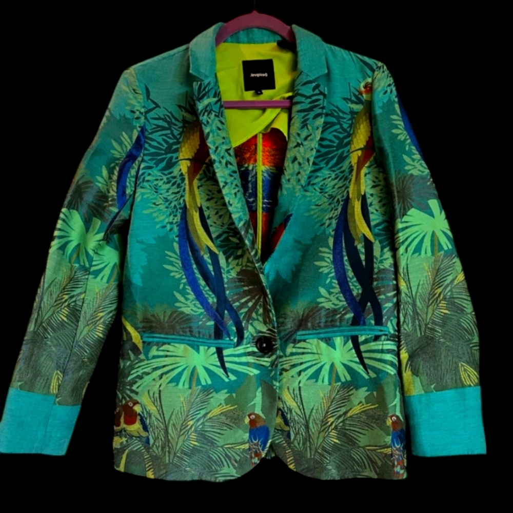 Desigual Blazer Medium Tropical Teal Amazing Birds Rainforest Embroidered